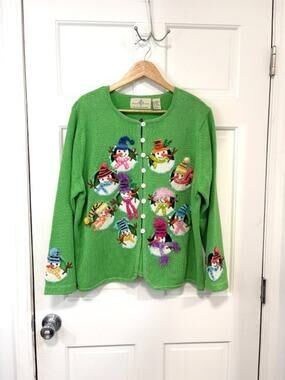 Vintage Design Options XXL Snowman Ugly Christmas Sweater Cardigan Green Sparkle